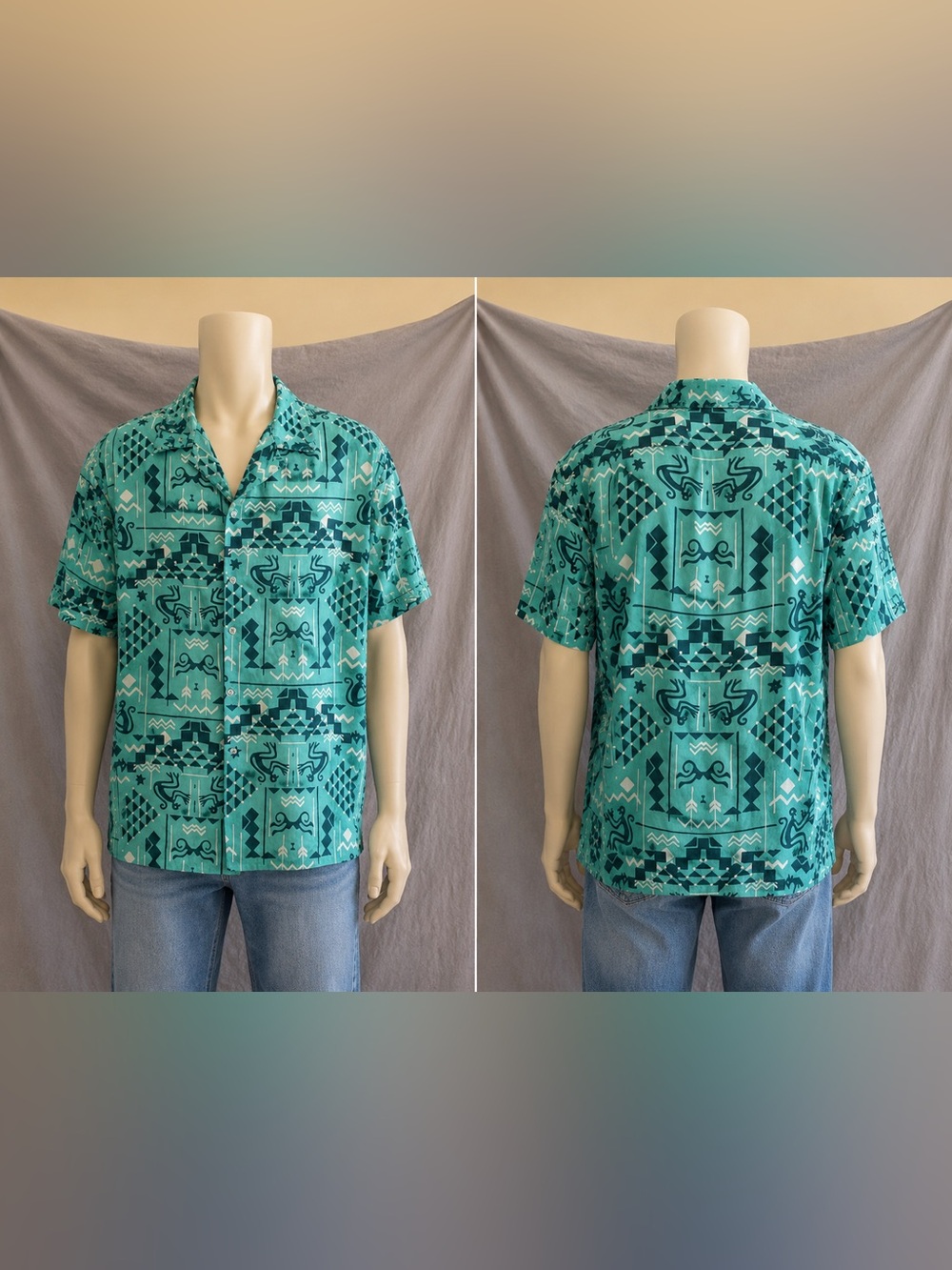 Men's Teal Geo-Print Short Sleeve Shirt 100% Viscosa size 2XL